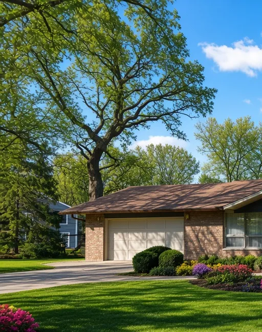 Mature trees framing the front lawn